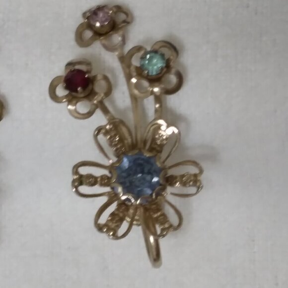 Vintage 1940's Multicolor Rhinestone Flower Screw-on Earrings - Picture 3 of 9